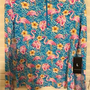 IBKUL Flamingo and Floral Print Blouse - Blue and Pink